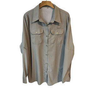 Kaliq Boutiq Hiking Shirt Womens 2XL Beige Button Down Long Sleeve Wicking Mesh